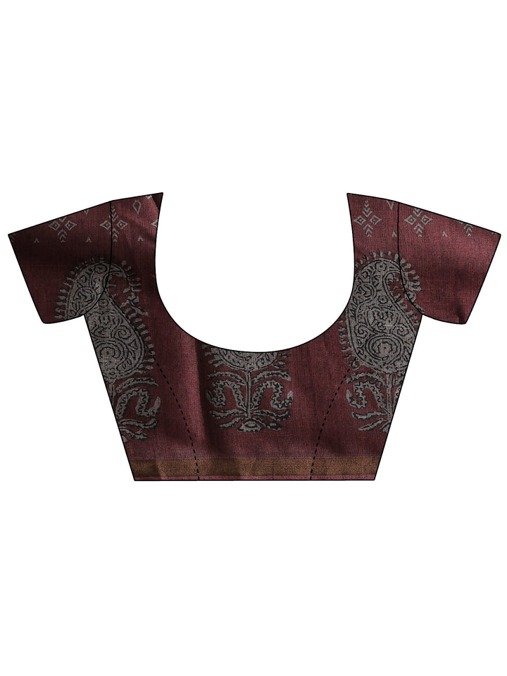 Burgundy Printed Cotton Blend Sarees With Unstitched Blouse Piece