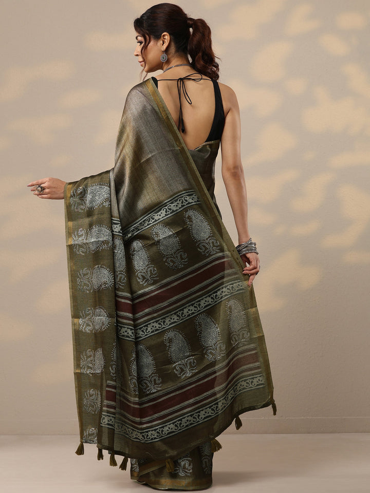 Olive Printed Cotton Blend Sarees With Unstitched Blouse Piece