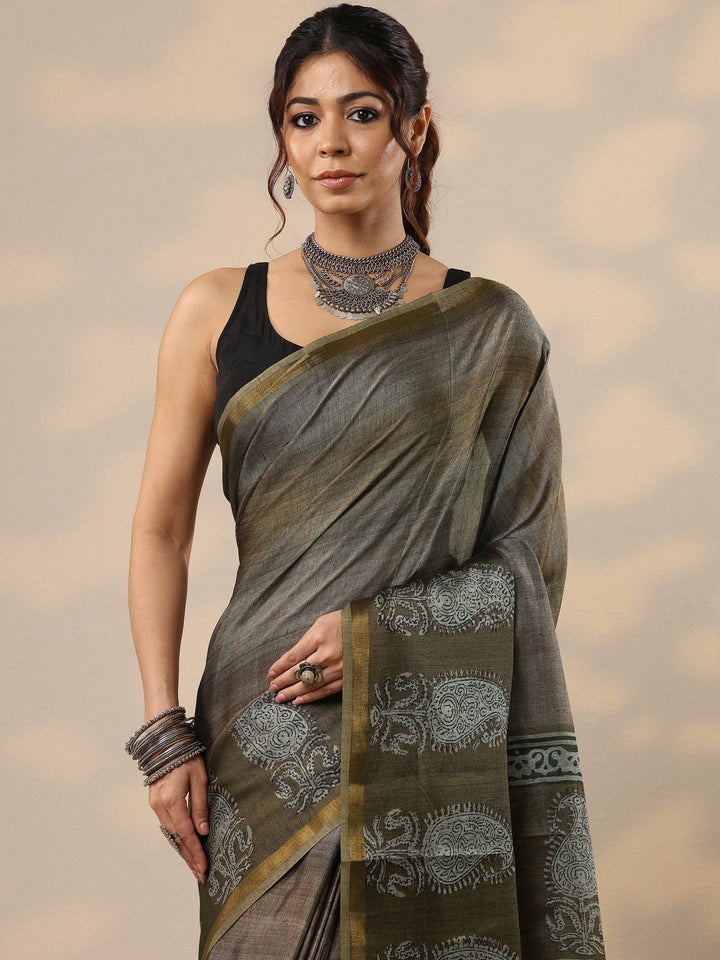 Olive Printed Cotton Blend Sarees With Unstitched Blouse Piece