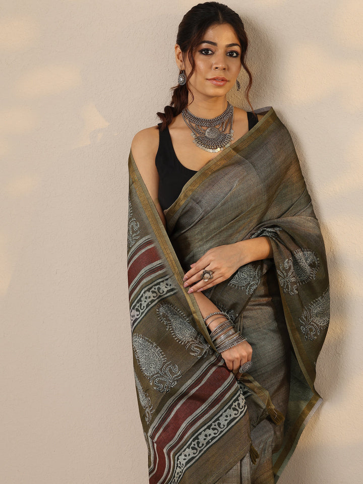 Olive Printed Cotton Blend Sarees With Unstitched Blouse Piece