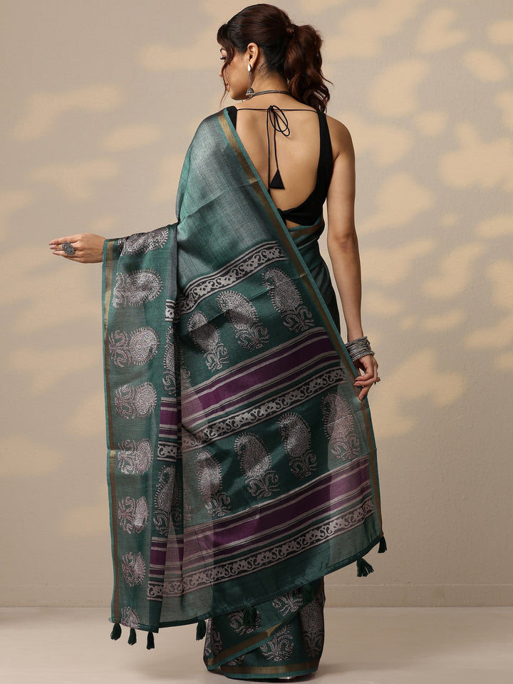 Blue Printed Cotton Blend Sarees With Unstitched Blouse Piece