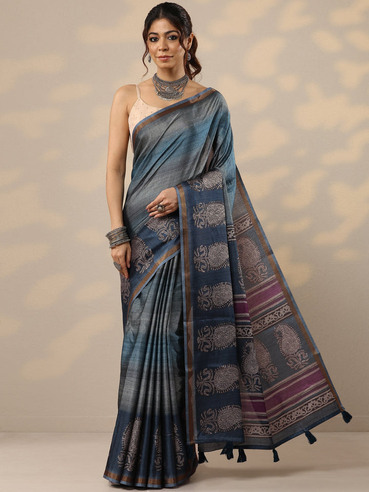 Blue Printed Cotton Blend Sarees With Unstitched Blouse Piece