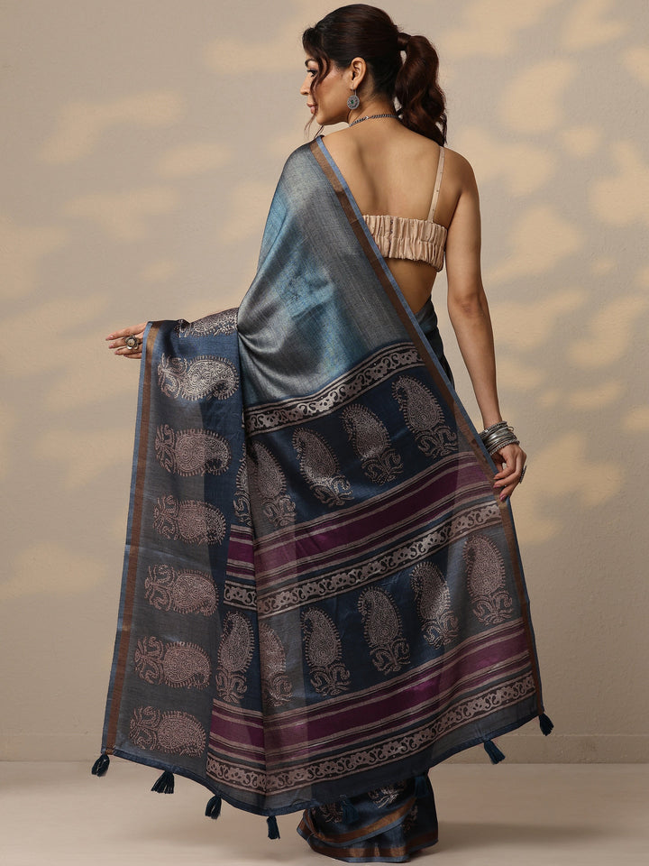 Blue Printed Cotton Blend Sarees With Unstitched Blouse Piece