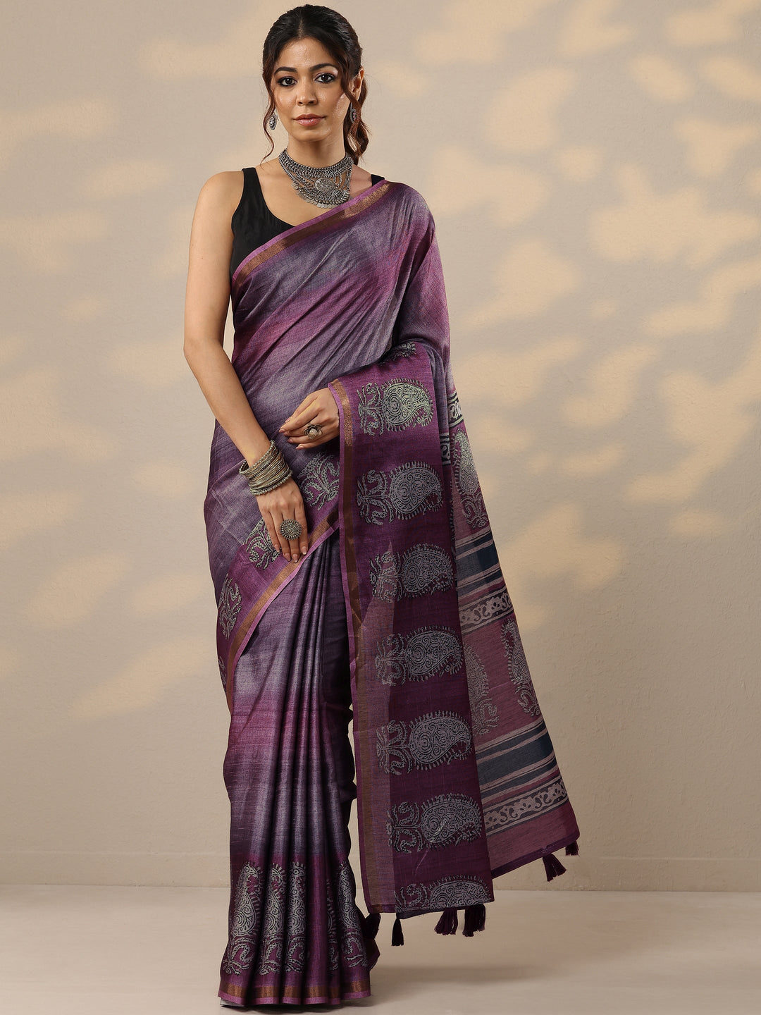 Purple Printed Cotton Blend Sarees With Unstitched Blouse Piece