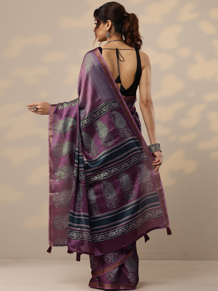Purple Printed Cotton Blend Sarees With Unstitched Blouse Piece