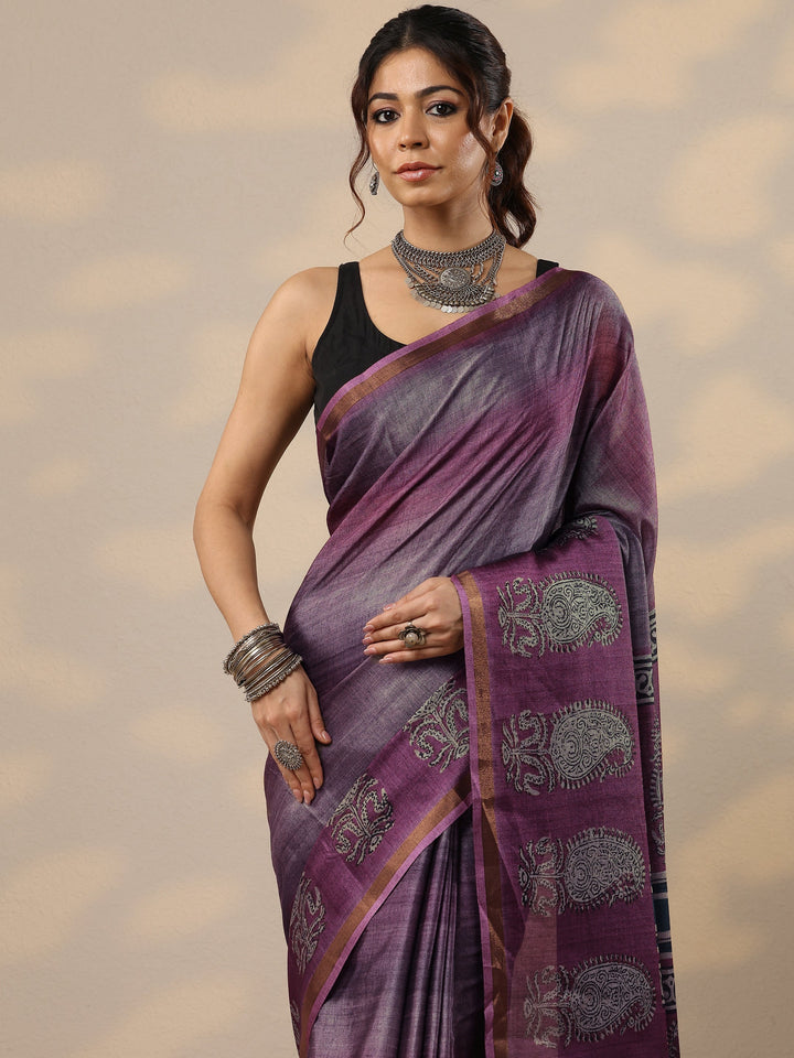 Purple Printed Cotton Blend Sarees With Unstitched Blouse Piece