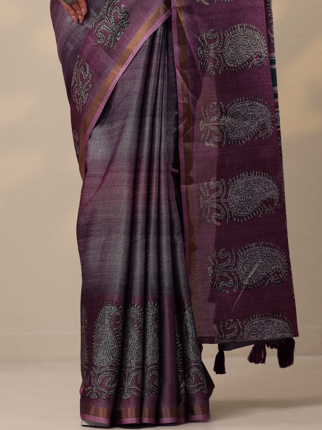 Purple Printed Cotton Blend Sarees With Unstitched Blouse Piece