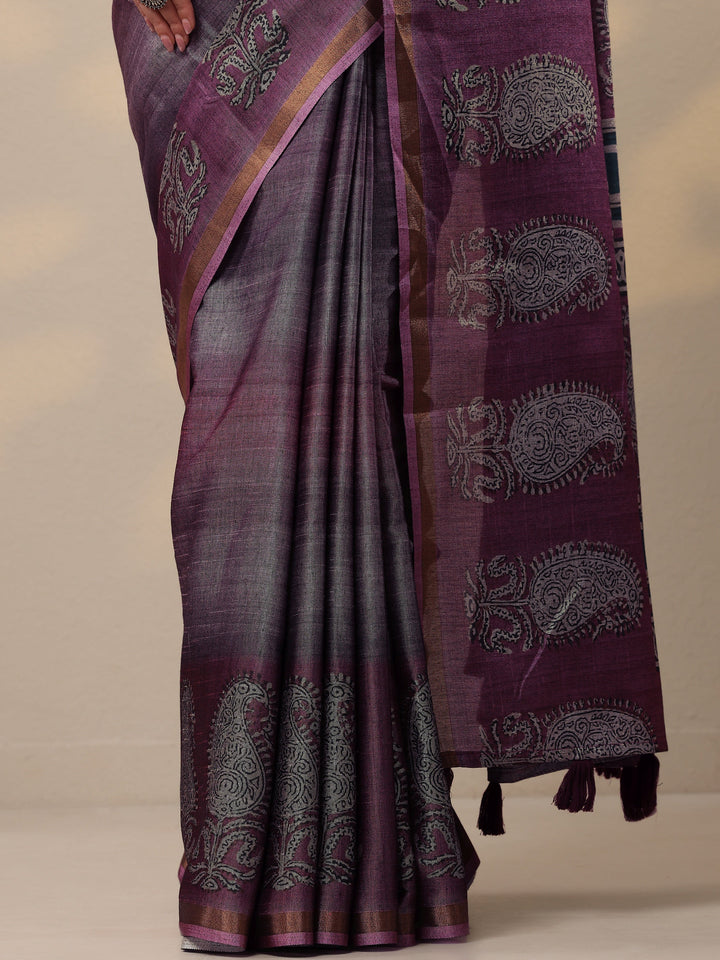 Purple Printed Cotton Blend Sarees With Unstitched Blouse Piece