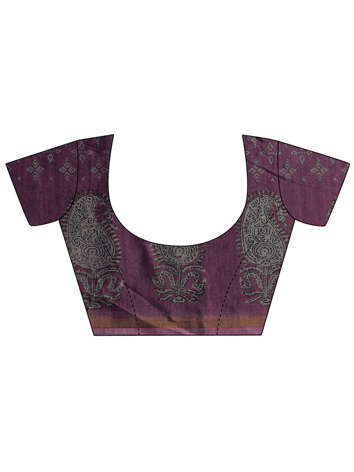 Purple Printed Cotton Blend Sarees With Unstitched Blouse Piece