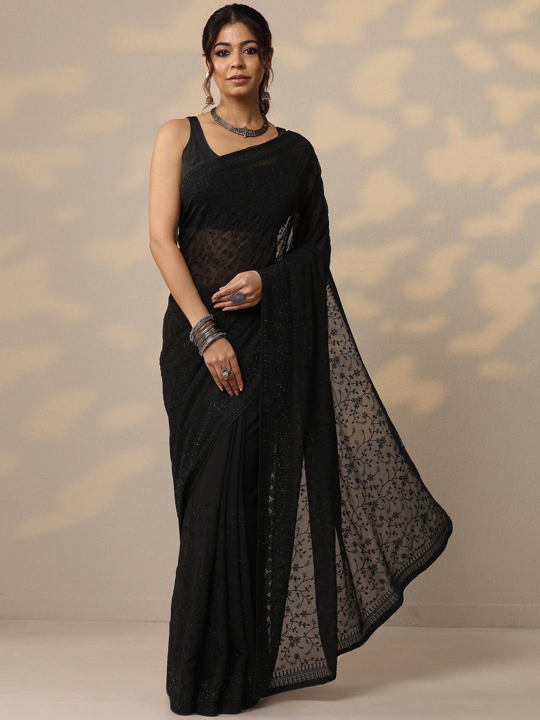 Black Embroidered Georgette Sarees With Unstitched Blouse Piece