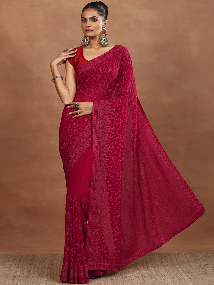 Red Embroidered Georgette Sarees With Unstitched Blouse Piece