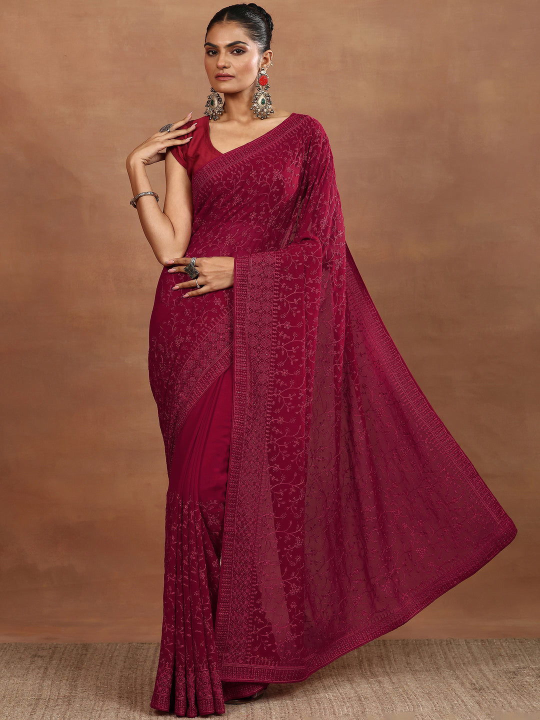 Libas Red Embroidered Georgette Sarees With Unstitched Blouse Piece