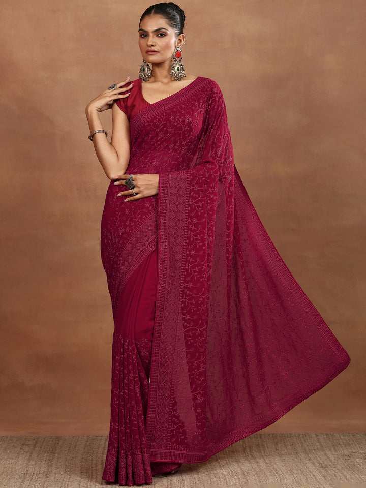 Libas Red Embroidered Georgette Sarees With Unstitched Blouse Piece