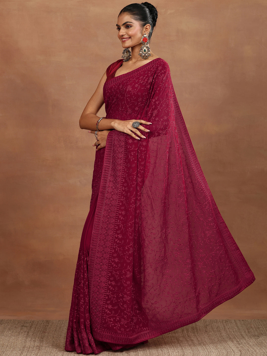 Libas Red Embroidered Georgette Sarees With Unstitched Blouse Piece