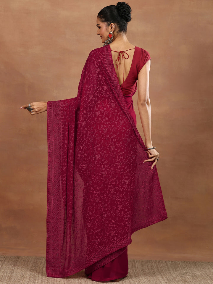 Libas Red Embroidered Georgette Sarees With Unstitched Blouse Piece