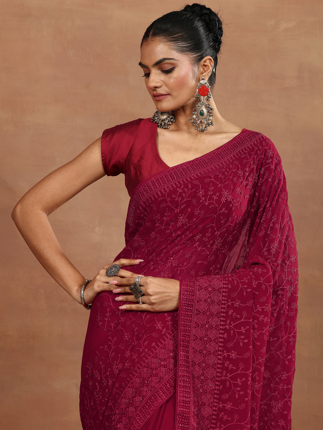 Libas Red Embroidered Georgette Sarees With Unstitched Blouse Piece