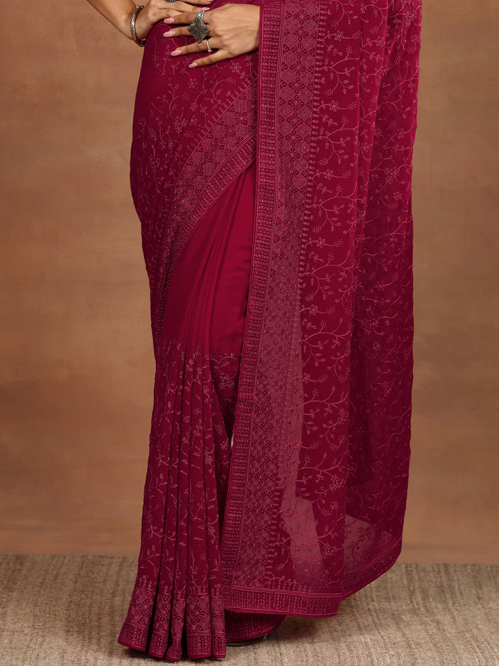 Libas Red Embroidered Georgette Sarees With Unstitched Blouse Piece