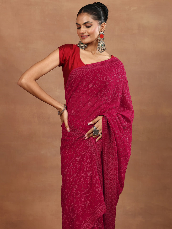 Red Embroidered Georgette Sarees With Unstitched Blouse Piece