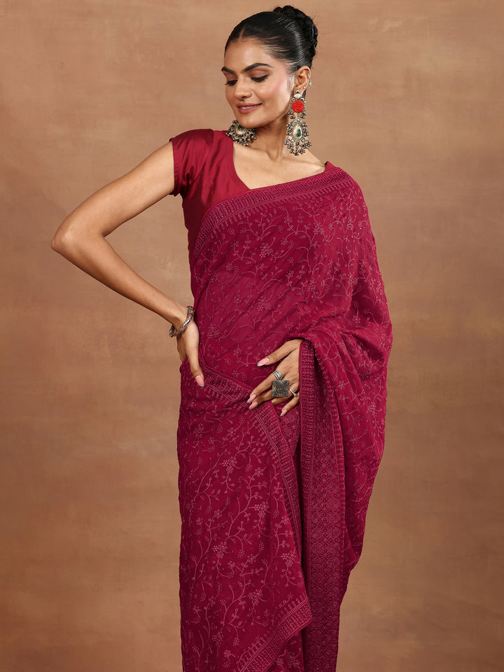 Libas Red Embroidered Georgette Sarees With Unstitched Blouse Piece