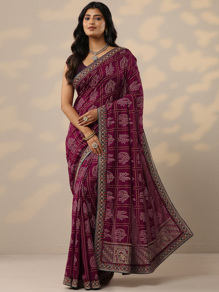 Maroon Bandhani Printed Silk Blend Sarees With Unstitched Blouse Piece