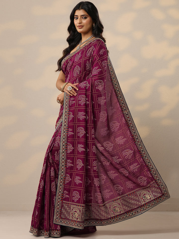 Maroon Bandhani Printed Silk Blend Sarees With Unstitched Blouse Piece