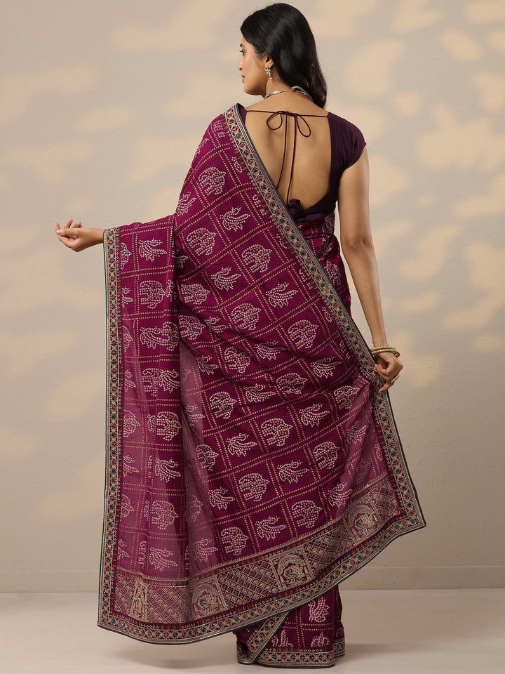 Maroon Bandhani Printed Silk Blend Sarees With Unstitched Blouse Piece
