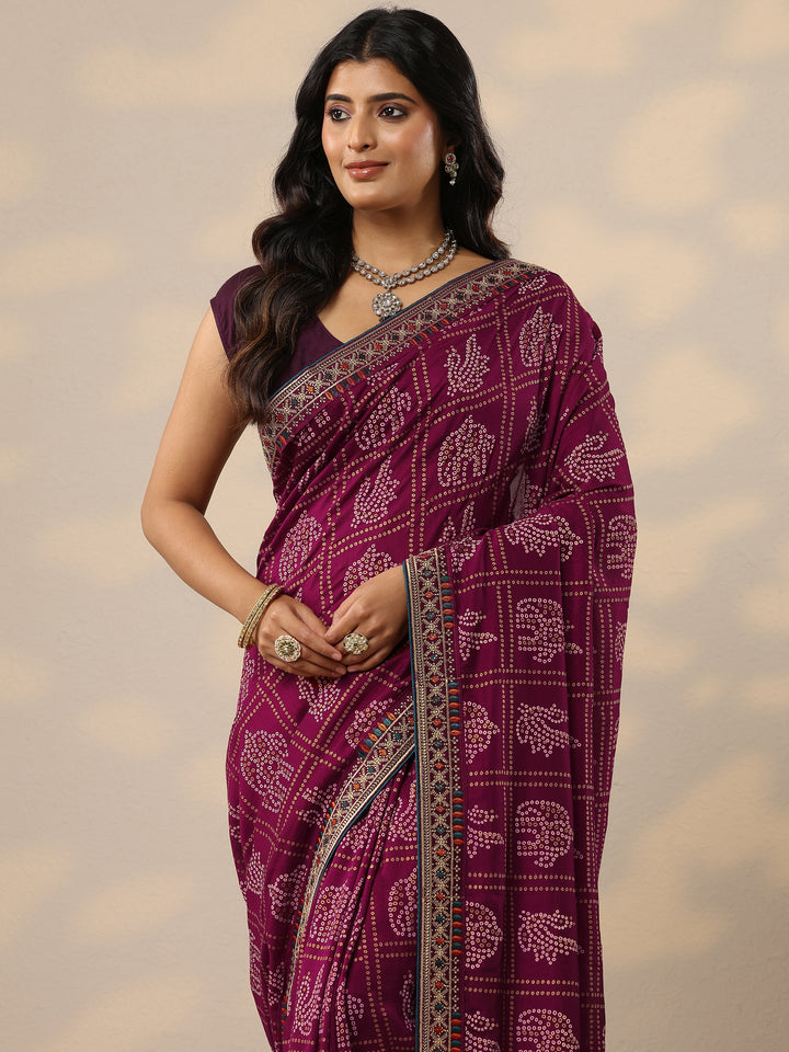 Maroon Bandhani Printed Silk Blend Sarees With Unstitched Blouse Piece