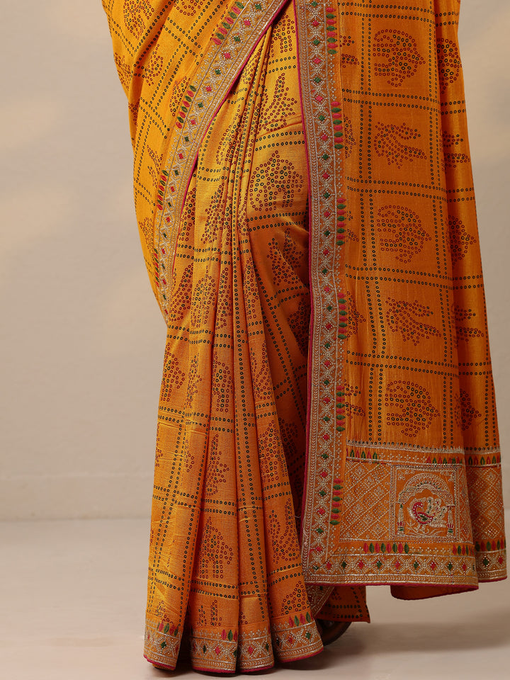 Mustard Bandhani Printed Silk Blend Sarees With Unstitched Blouse Piece