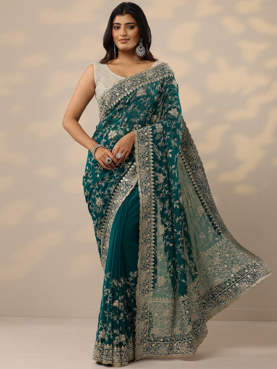 Green Embellished Georgette Sarees With Unstitched Blouse Piece