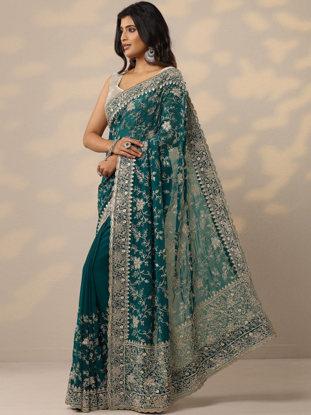 Green Embellished Georgette Sarees With Unstitched Blouse Piece