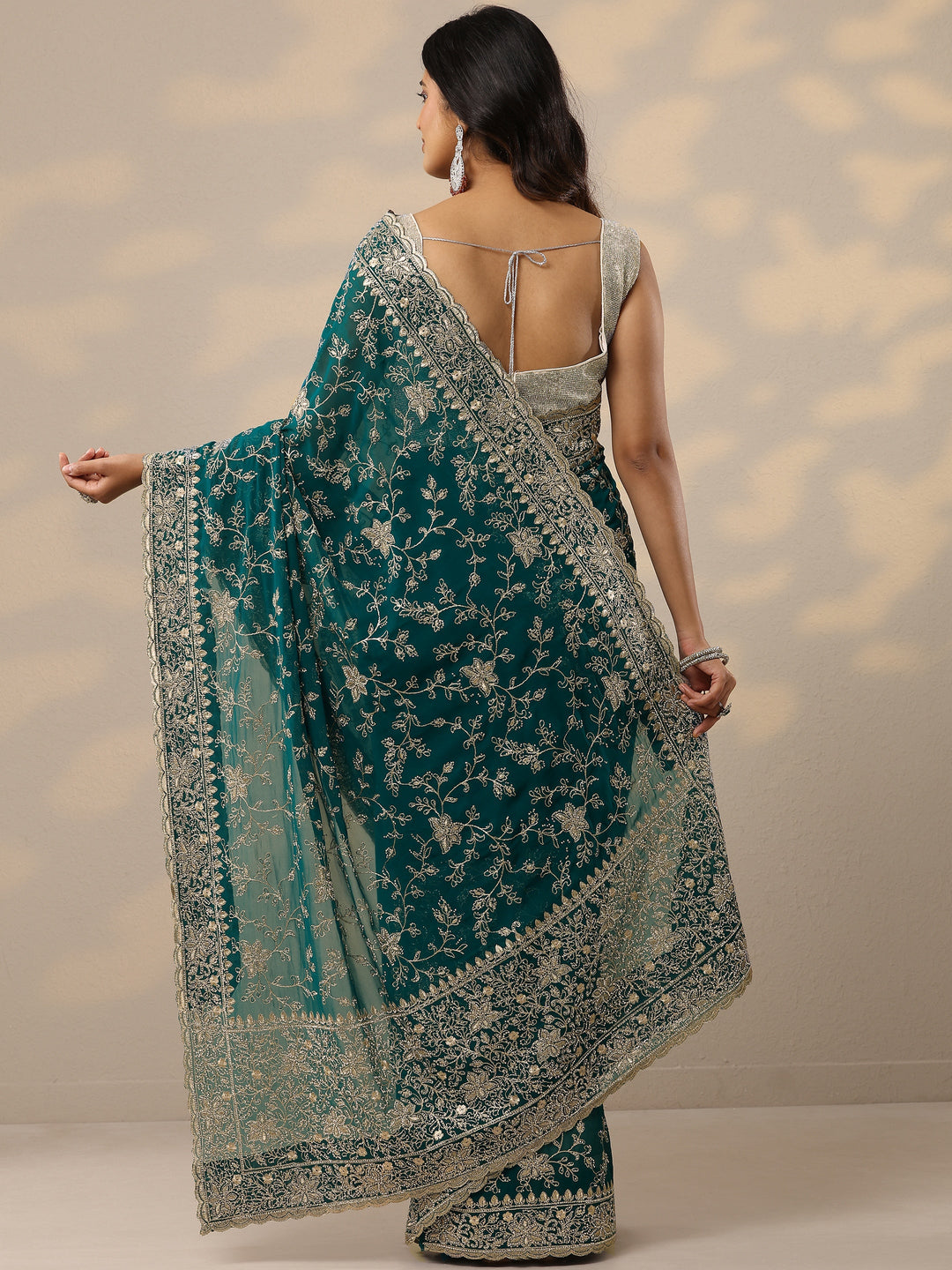 Green Embellished Georgette Sarees With Unstitched Blouse Piece