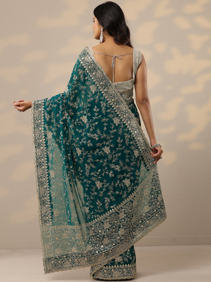 Green Embellished Georgette Sarees With Unstitched Blouse Piece