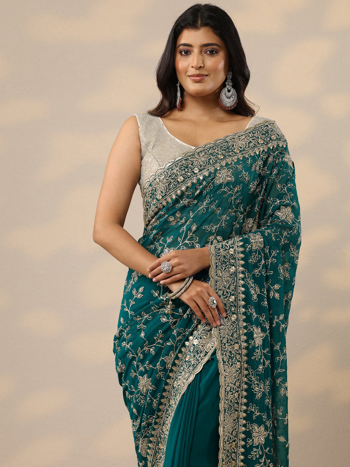 Green Embellished Georgette Sarees With Unstitched Blouse Piece