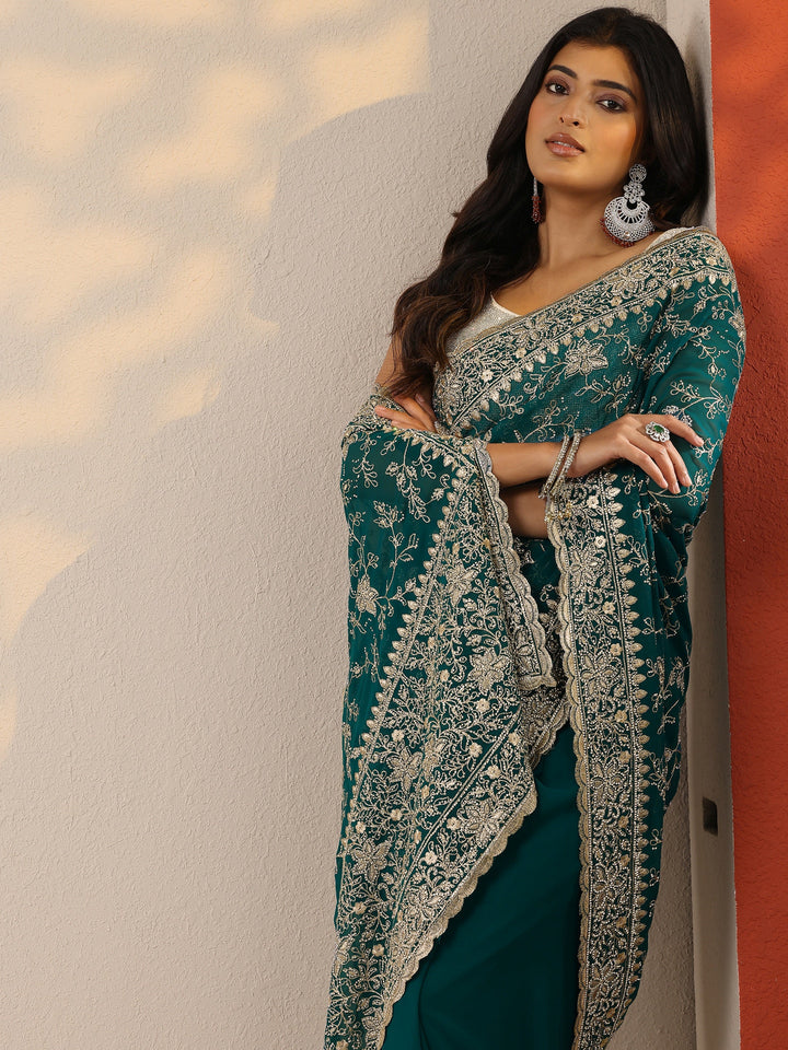 Green Embellished Georgette Sarees With Unstitched Blouse Piece