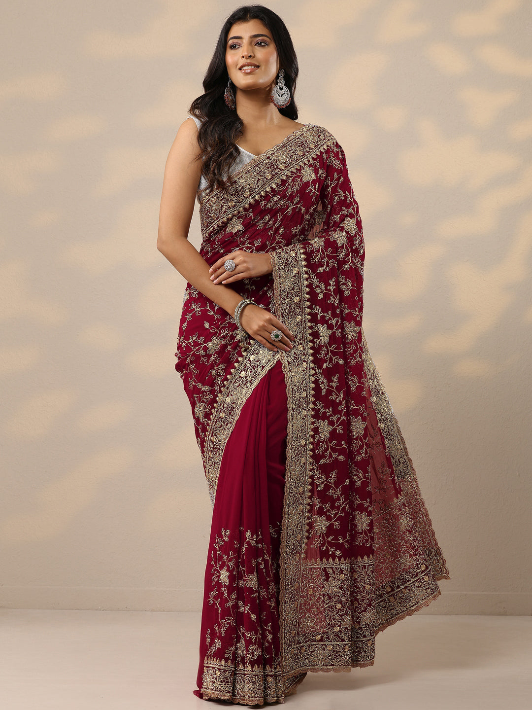 Red Embellished Georgette Sarees With Unstitched Blouse Piece