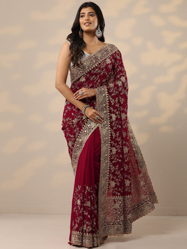 Red Embellished Georgette Sarees With Unstitched Blouse Piece