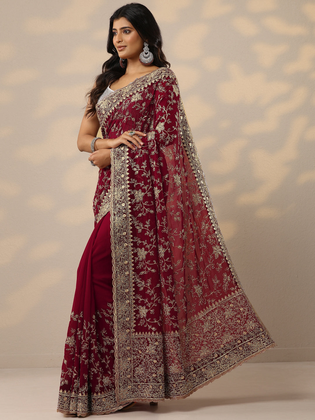 Red Embellished Georgette Sarees With Unstitched Blouse Piece