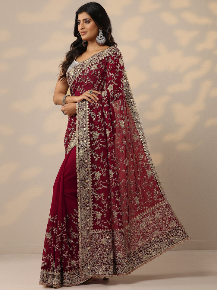Red Embellished Georgette Sarees With Unstitched Blouse Piece