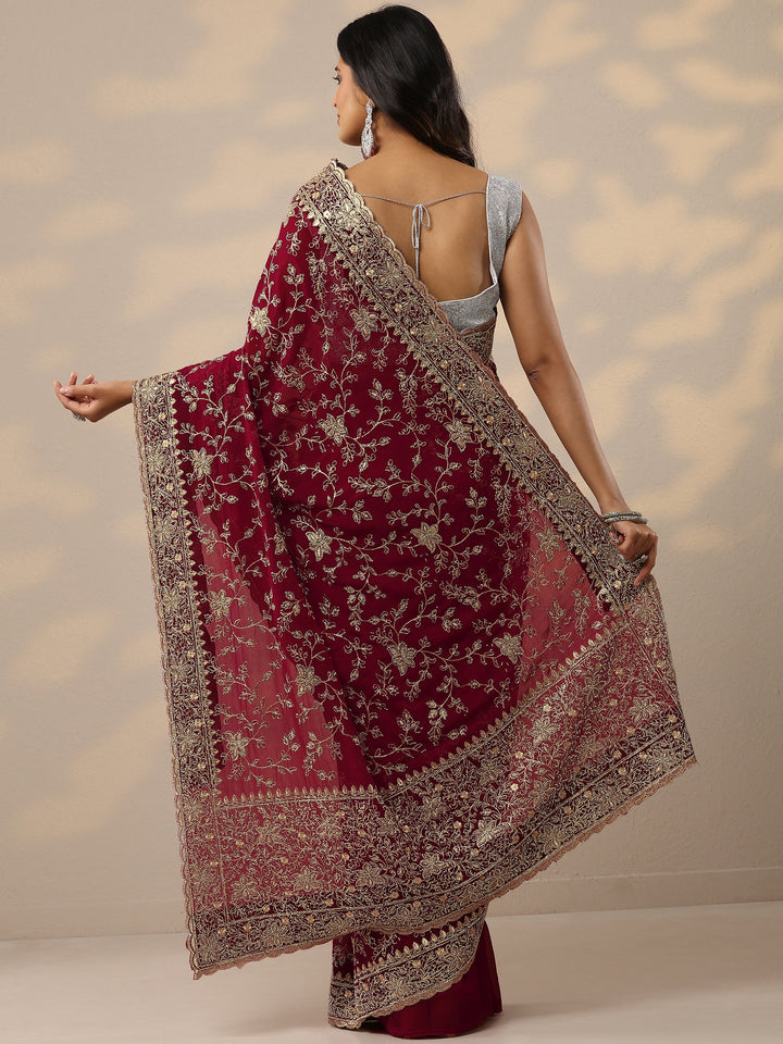 Red Embellished Georgette Sarees With Unstitched Blouse Piece