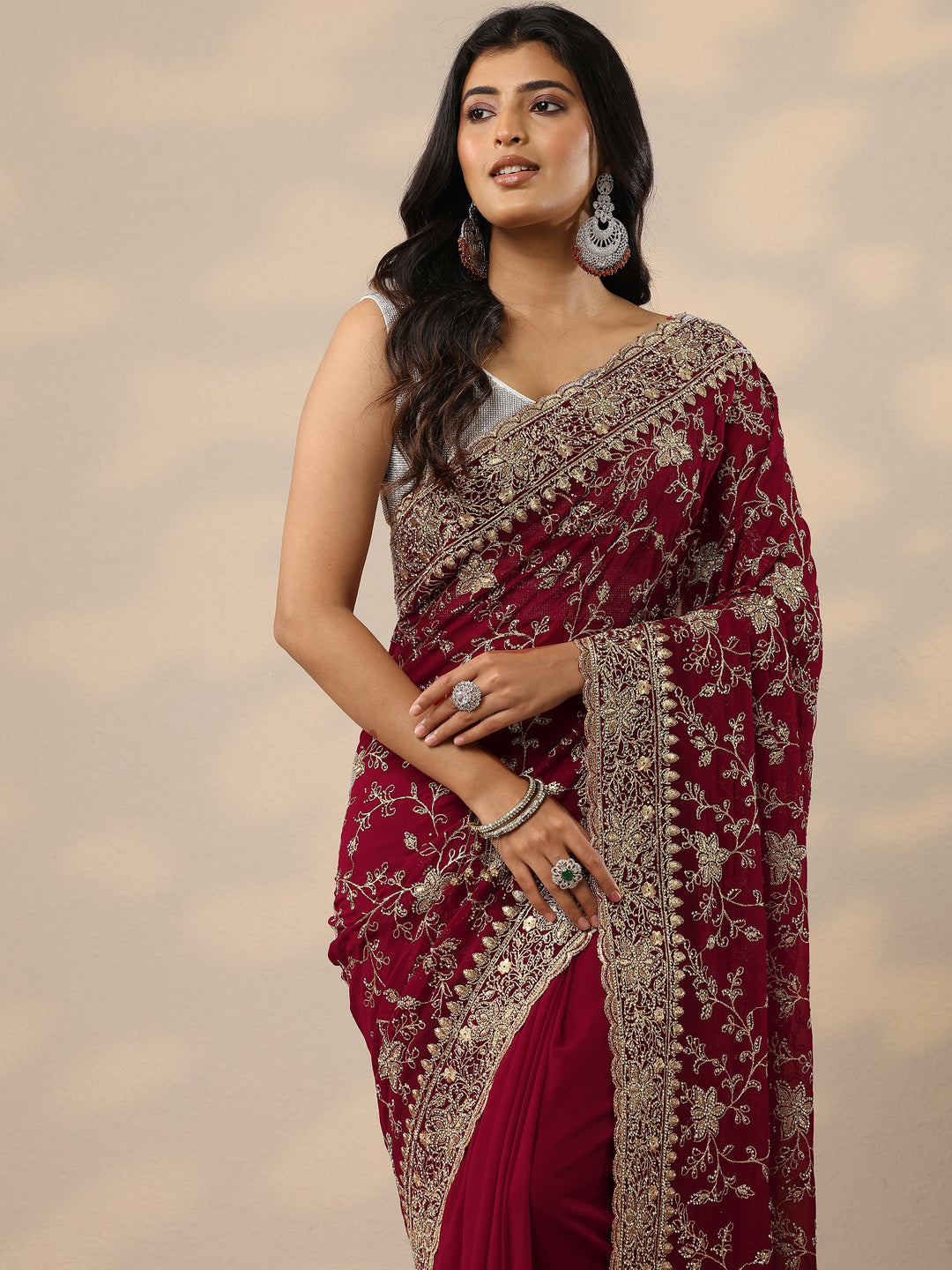 Red Embellished Georgette Sarees With Unstitched Blouse Piece