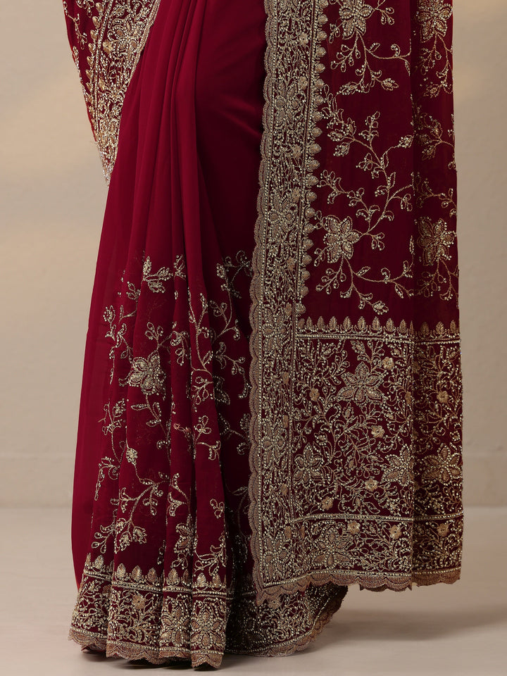 Red Embellished Georgette Sarees With Unstitched Blouse Piece