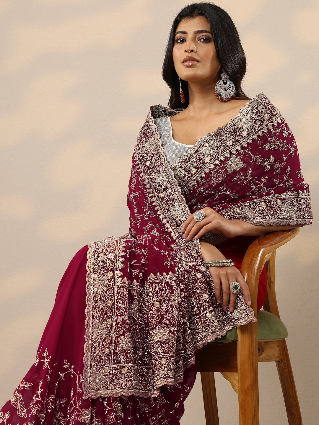 Red Embellished Georgette Sarees With Unstitched Blouse Piece