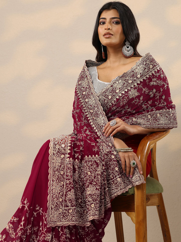 Red Embellished Georgette Sarees With Unstitched Blouse Piece