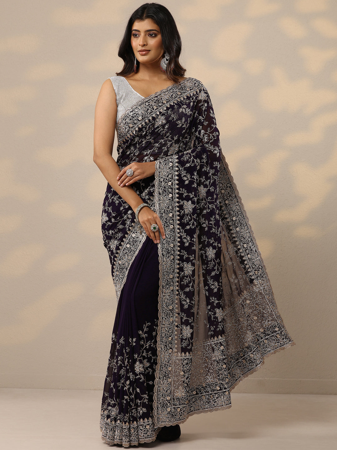 Purple Embellished Georgette Sarees With Unstitched Blouse Piece