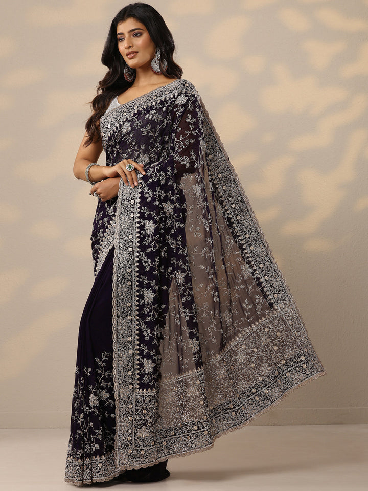 Purple Embellished Georgette Sarees With Unstitched Blouse Piece