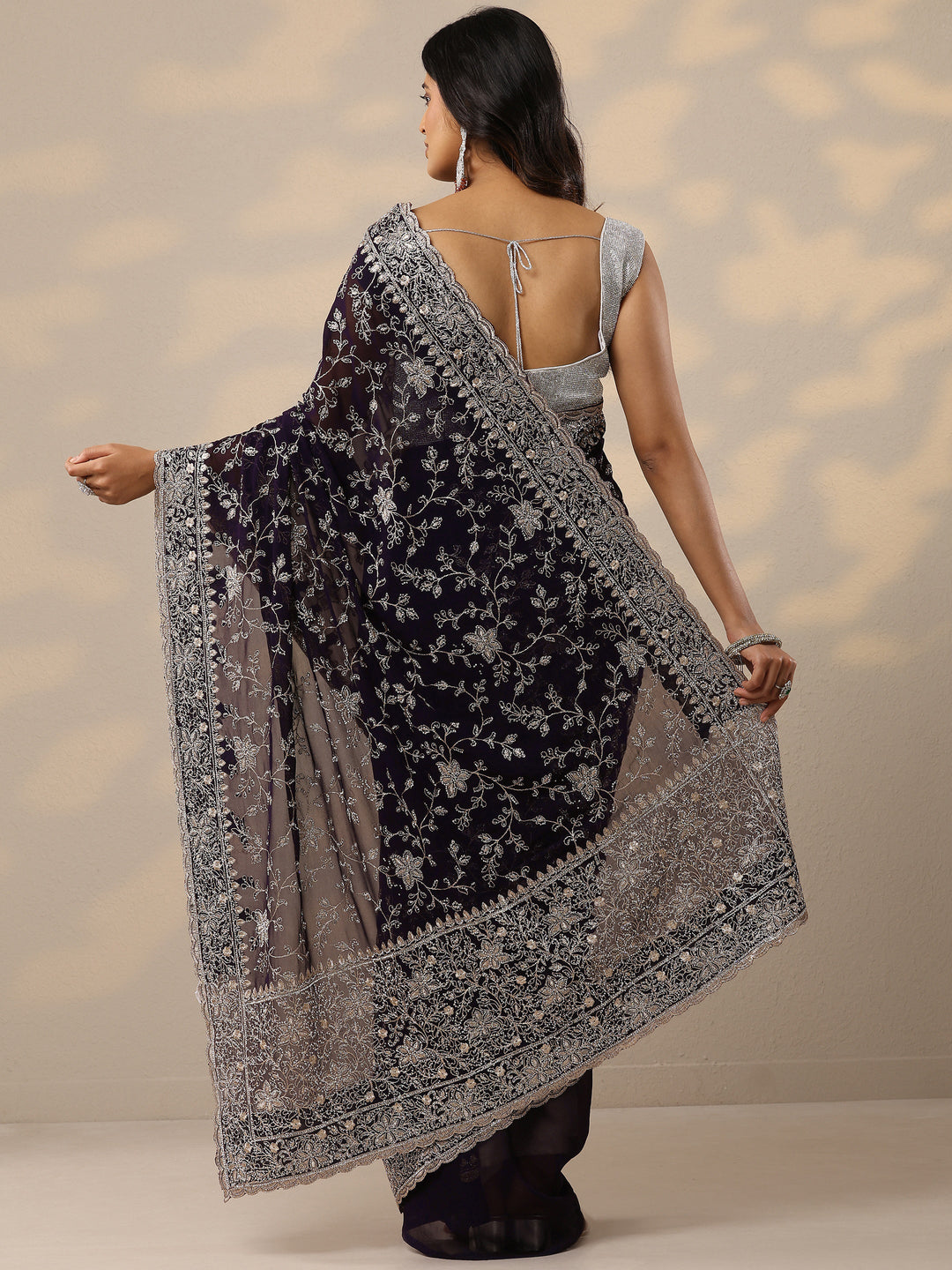 Purple Embellished Georgette Sarees With Unstitched Blouse Piece
