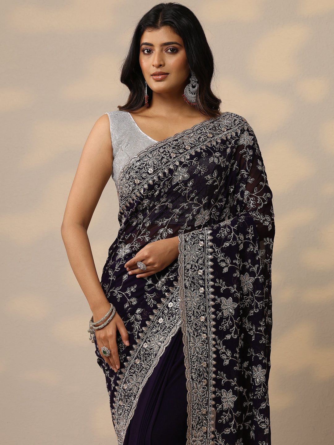 Purple Embellished Georgette Sarees With Unstitched Blouse Piece