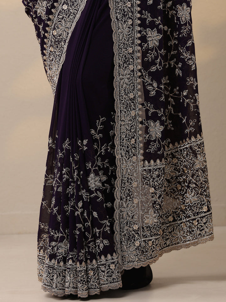 Purple Embellished Georgette Sarees With Unstitched Blouse Piece