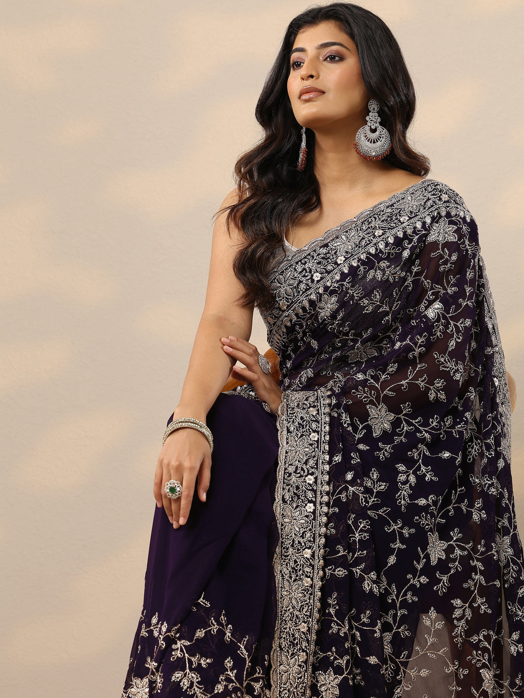 Purple Embellished Georgette Sarees With Unstitched Blouse Piece