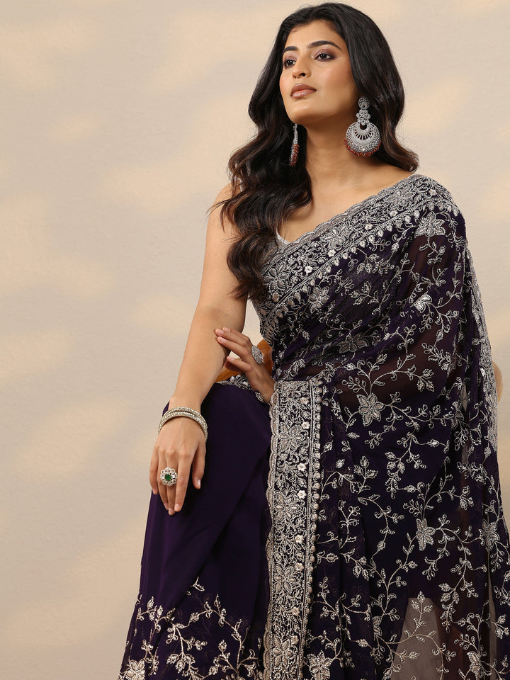 Purple Embellished Georgette Sarees With Unstitched Blouse Piece